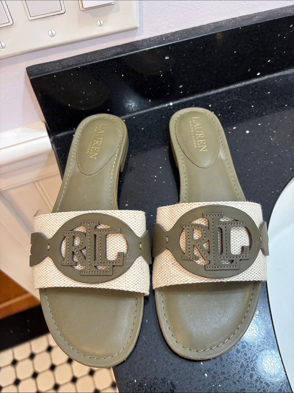 Lauren Ralph Lauren Olive & Cream Canvas Slide Sandals